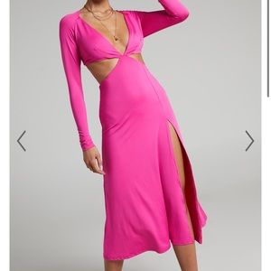 NWT Showpo ARLEINE FRONT CUT OUT TIE BACK LONG SLEEVE MIDI DRESS IN PINK! US 2